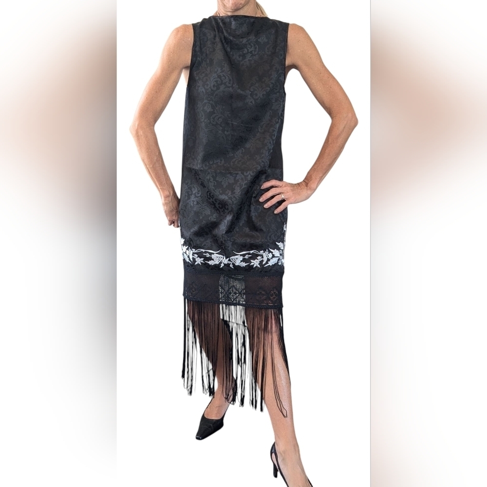 MINKPINK Black Fringe Dress Sheer Jacquard Sleeveless Shift Size M